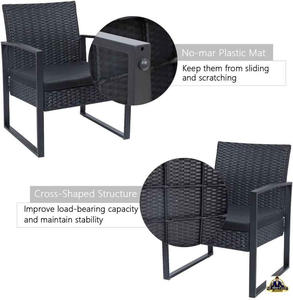 Patio Set Outdoor Wicker Rattan Chair with Coffee Table for Yard and Bistro 3 Pieces (Black)