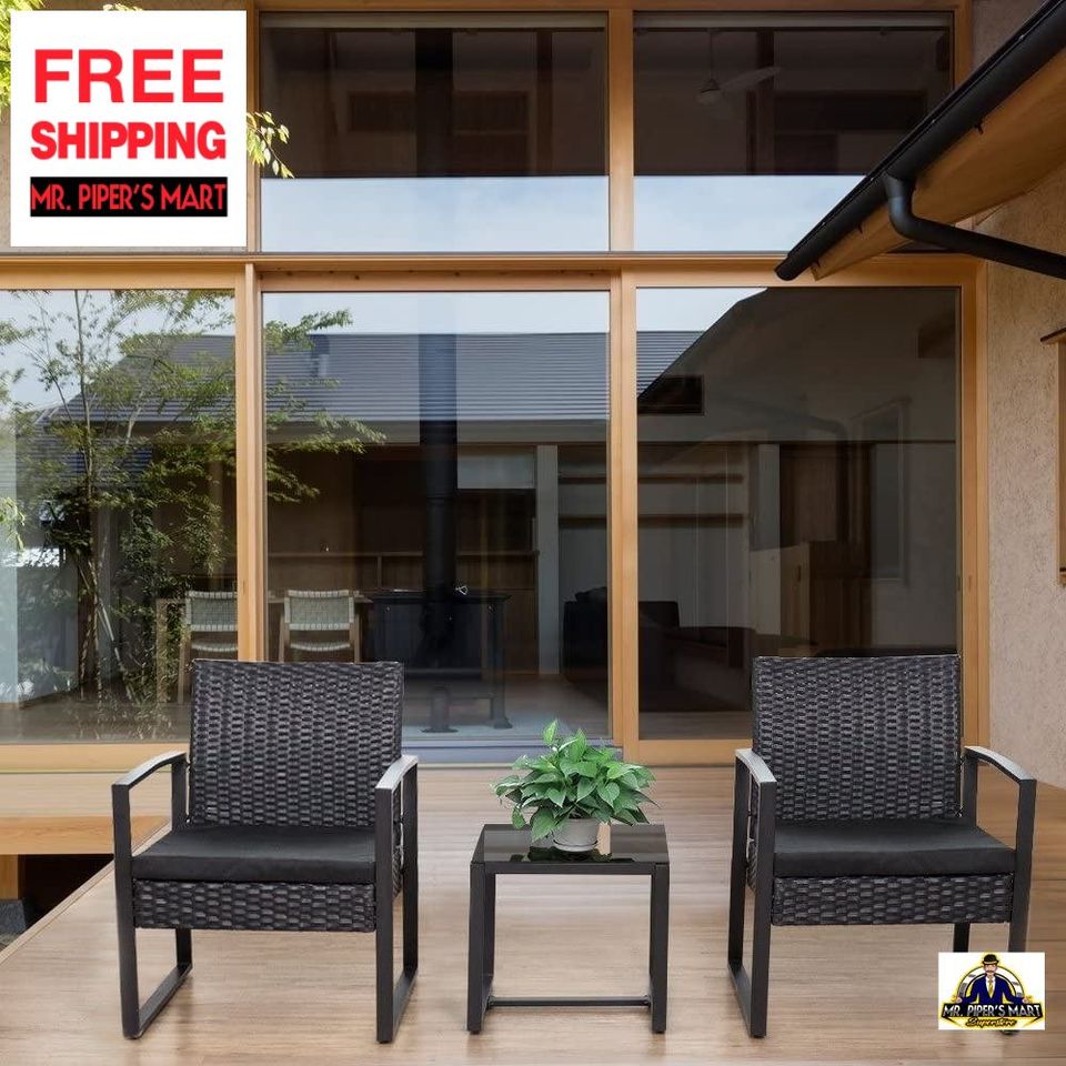 Patio Set Outdoor Wicker Rattan Chair with Coffee Table for Yard and Bistro 3 Pieces (Black)