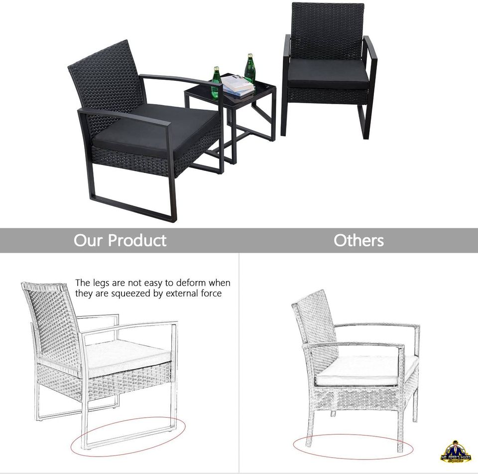 Patio Set Outdoor Wicker Rattan Chair with Coffee Table for Yard and Bistro 3 Pieces (Black)