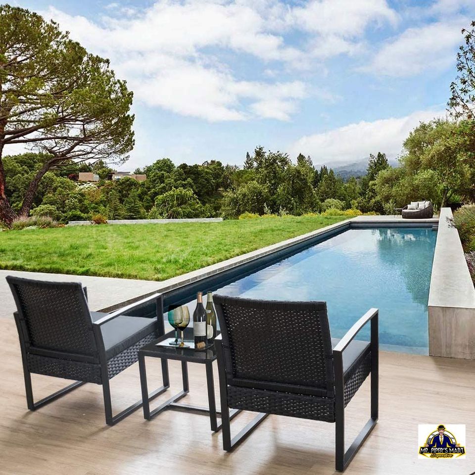 Patio Set Outdoor Wicker Rattan Chair with Coffee Table for Yard and Bistro 3 Pieces (Black)