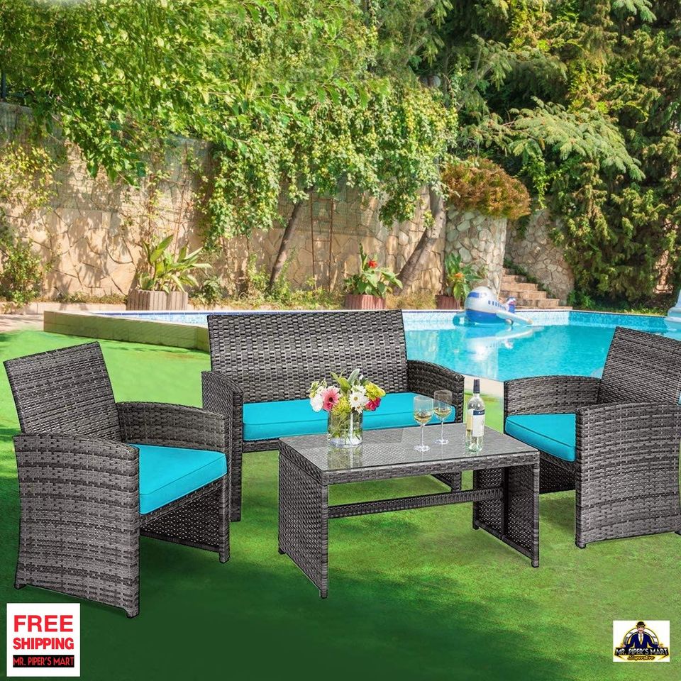 Outdoor Furniture Set 5 piece PE Rattan Wicker Patio Sofa Set (Turquoise)