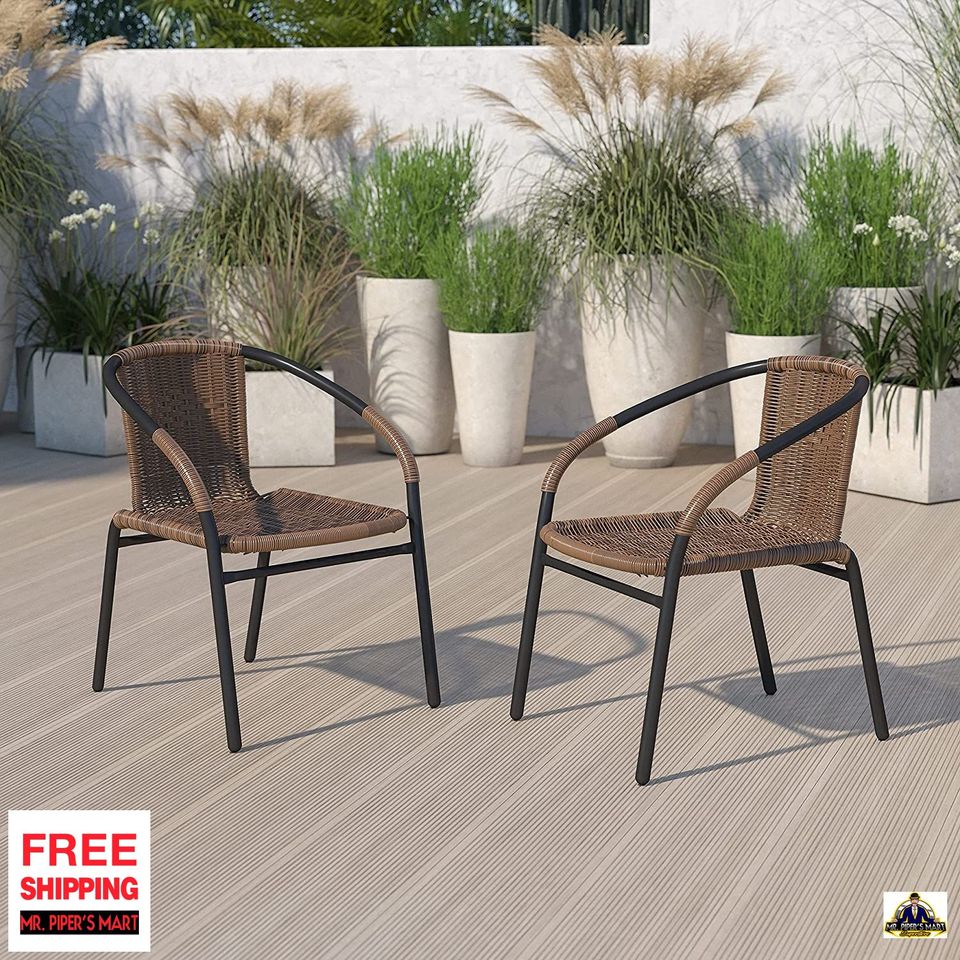 Restaurant Stack Chair Medium Brown Rattan Indoor-Outdoor 2 Pack