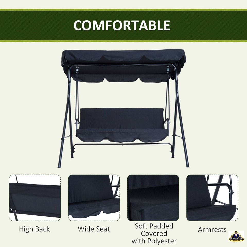 Porch Swing Hammock Bench Lounge Chair Steel 3-seat Padded Outdoor w/ Canopy