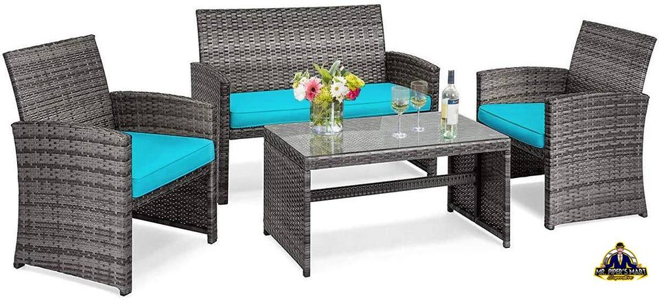 Outdoor Furniture Set 5 piece PE Rattan Wicker Patio Sofa Set (Turquoise)