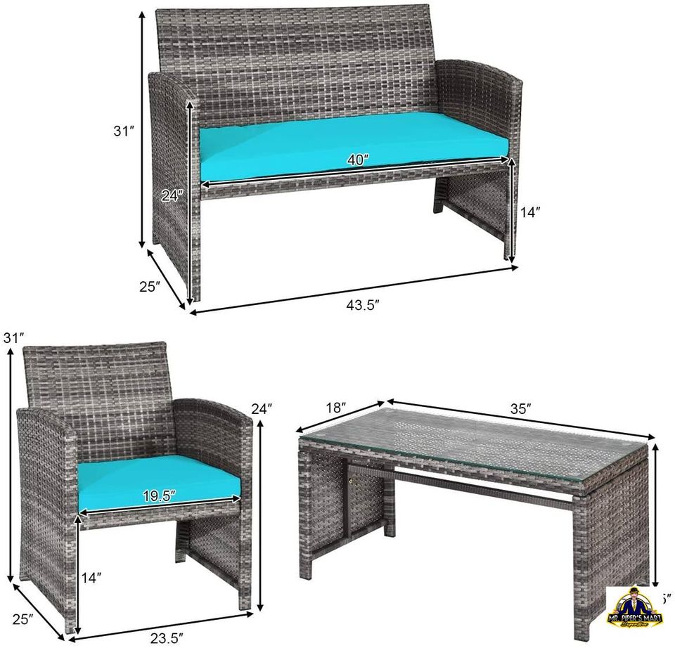 Outdoor Furniture Set 5 piece PE Rattan Wicker Patio Sofa Set (Turquoise)