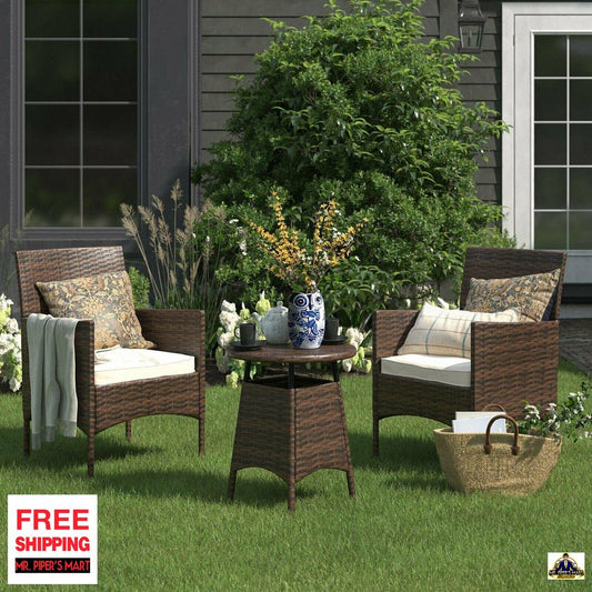 Outdoor Wicker Chair Set Rattan Patio Furniture Seat Cushions with Table 3PCS