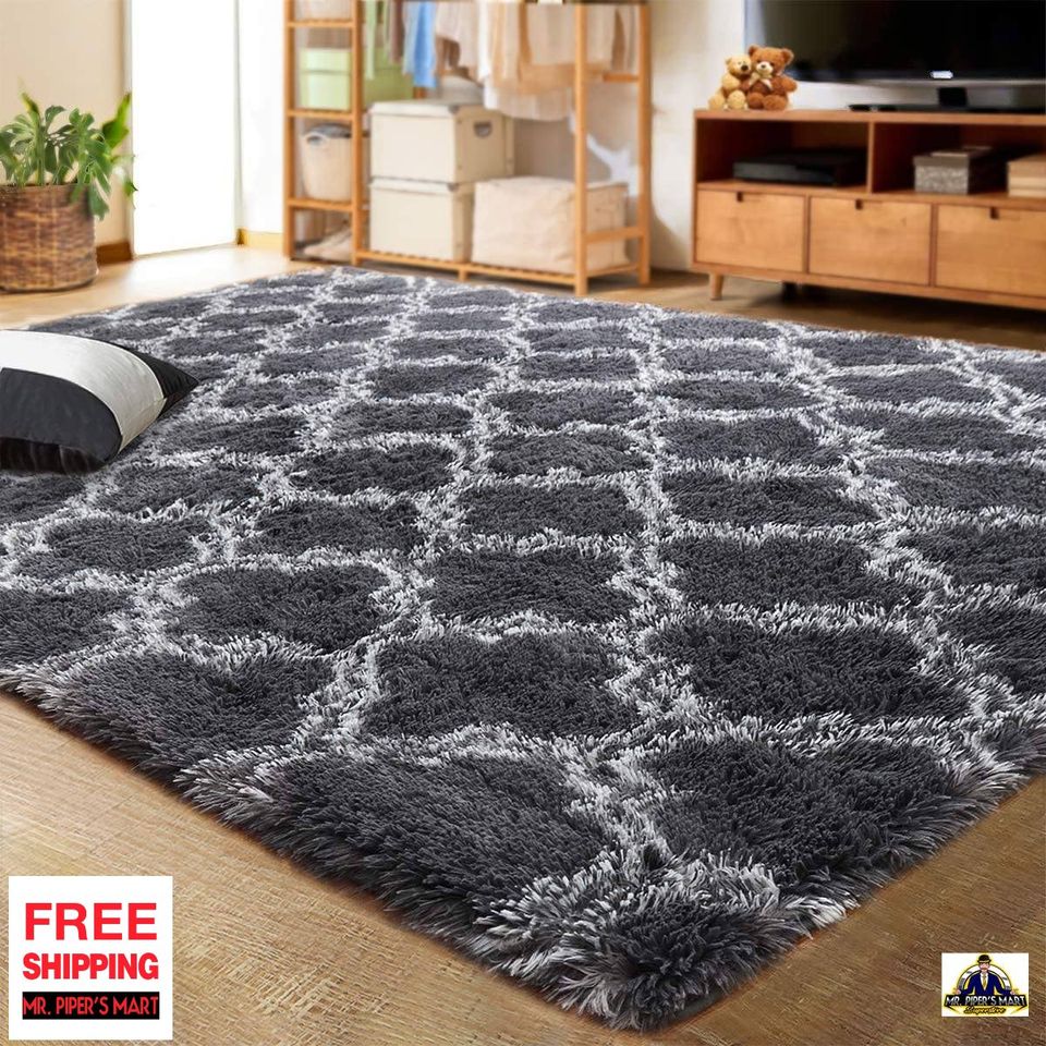 Area Rug Indoor Geometric Moroccan Extra Soft and Comfy Carpet, 6x9 Feet Dark Grey/White