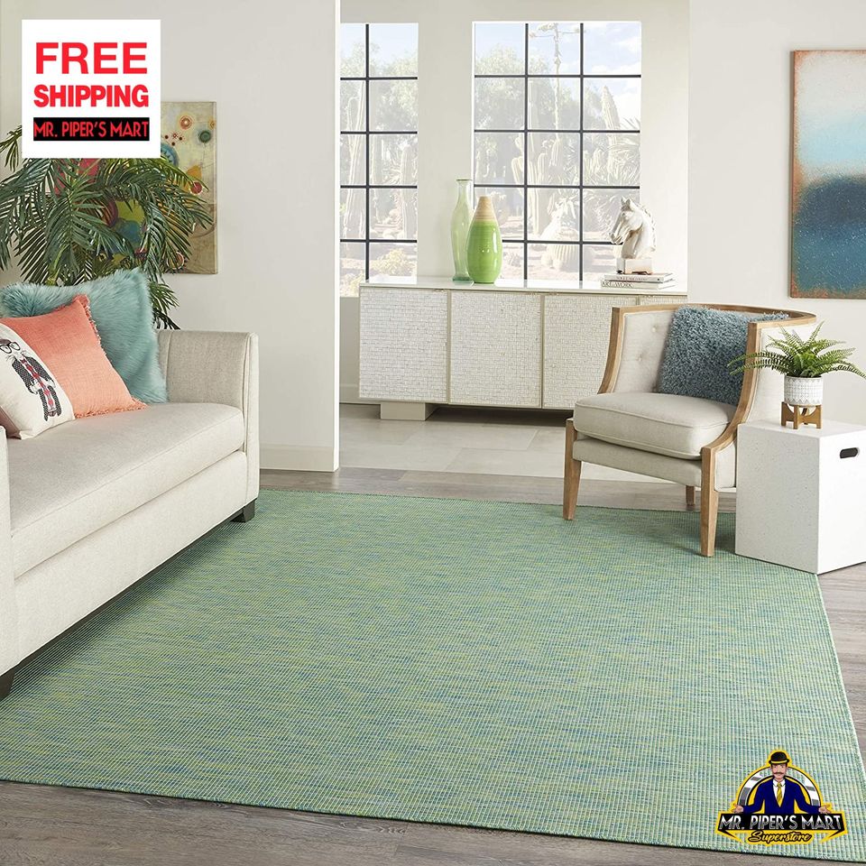 Area Rug Indoor/Outdoor Blue Green 5' x 7' Easy Cleaning, Non Shedding