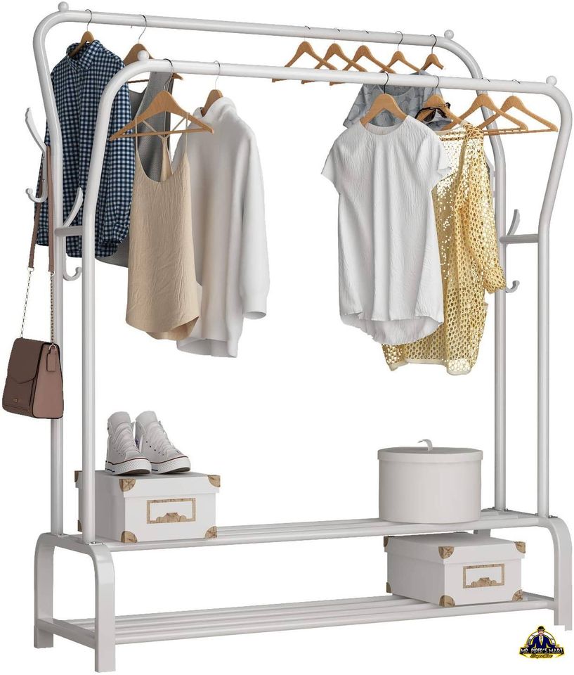 Freestanding Double Garment Rack Double Rods, Multi-Functional Clothing Rack (White)
