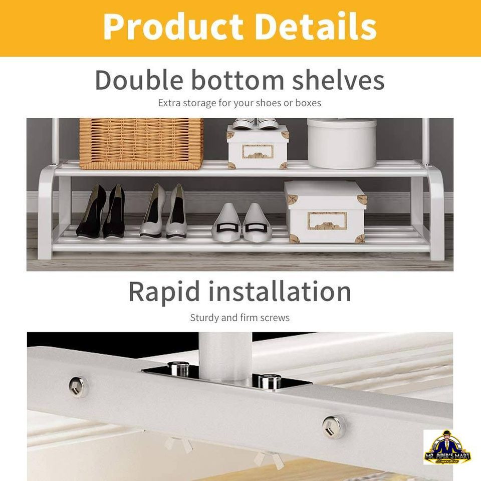 Freestanding Double Garment Rack Double Rods, Multi-Functional Clothing Rack (White)