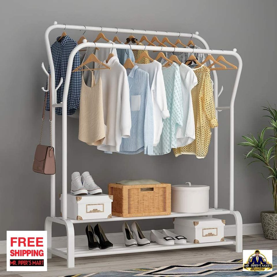 Freestanding Double Garment Rack Double Rods, Multi-Functional Clothing Rack (White)