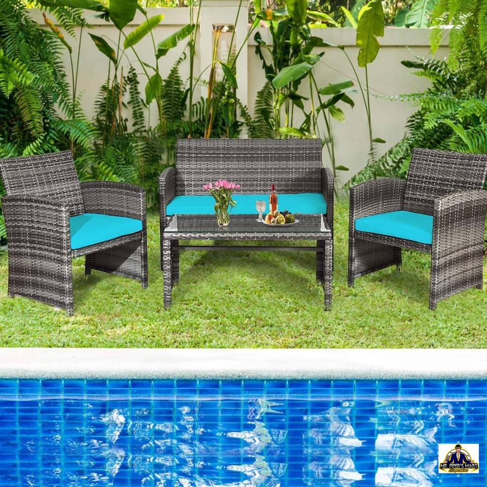 Outdoor Furniture Set 5 piece PE Rattan Wicker Patio Sofa Set (Turquoise)