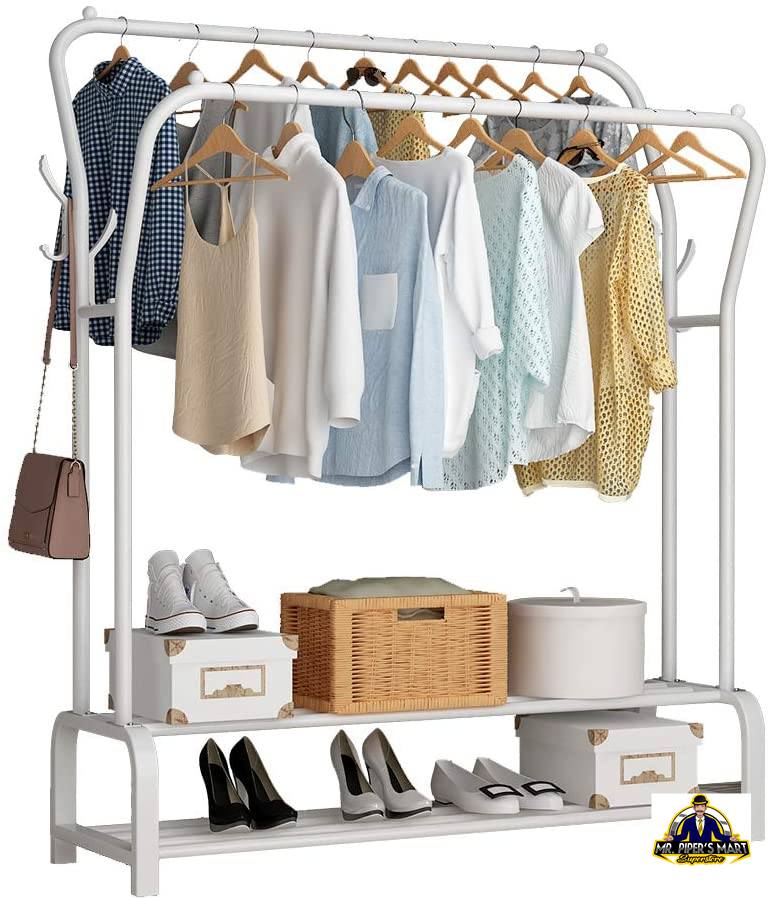 Freestanding Double Garment Rack Double Rods, Multi-Functional Clothing Rack (White)