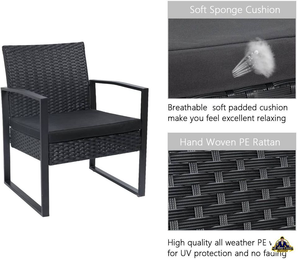 Patio Set Outdoor Wicker Rattan Chair with Coffee Table for Yard and Bistro 3 Pieces (Black)