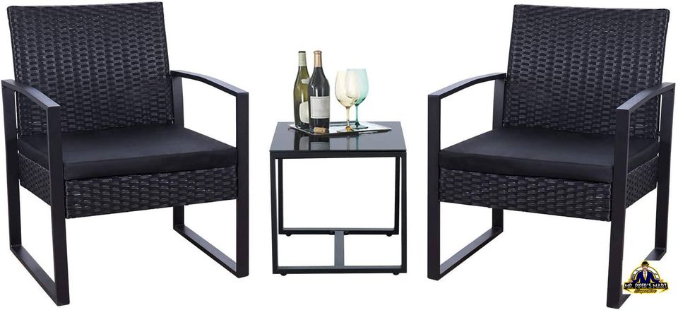 Patio Set Outdoor Wicker Rattan Chair with Coffee Table for Yard and Bistro 3 Pieces (Black)