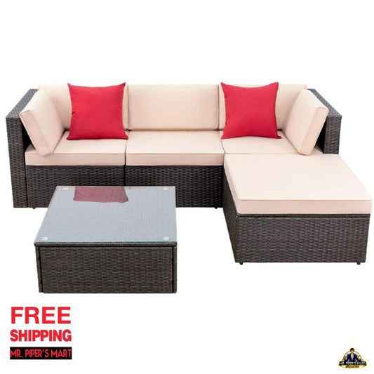 Patio Furniture Conversation Set with Cushion and Glass Table (Beige) 5 Pieces