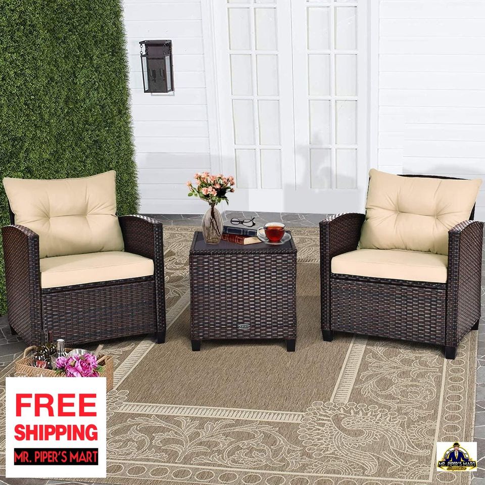 Patio Furniture Sofa Set Washable Cushion and Tempered Glass Tabletop (Beige) 3 Pieces