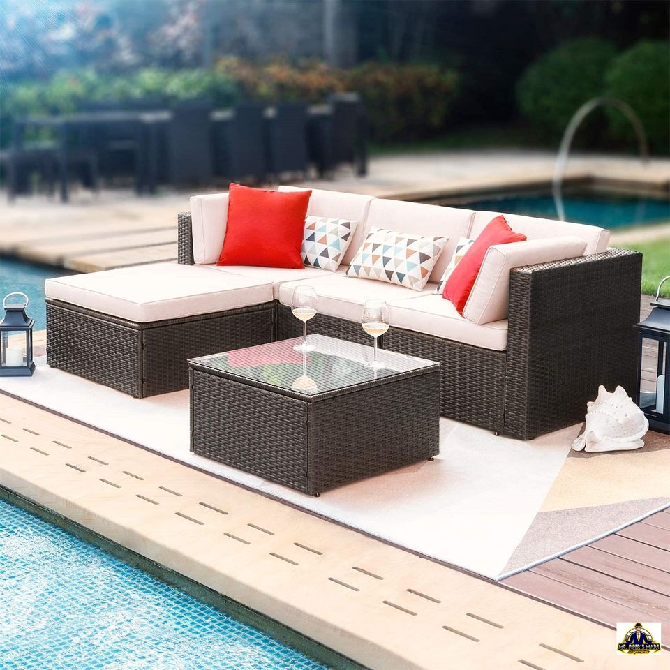 Patio Furniture Conversation Set with Cushion and Glass Table (Beige) 5 Pieces