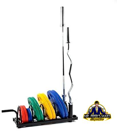Barbell Bumper Plate Rack Holder Olympic Bar Storage Rack with Handle and Wheels, Black