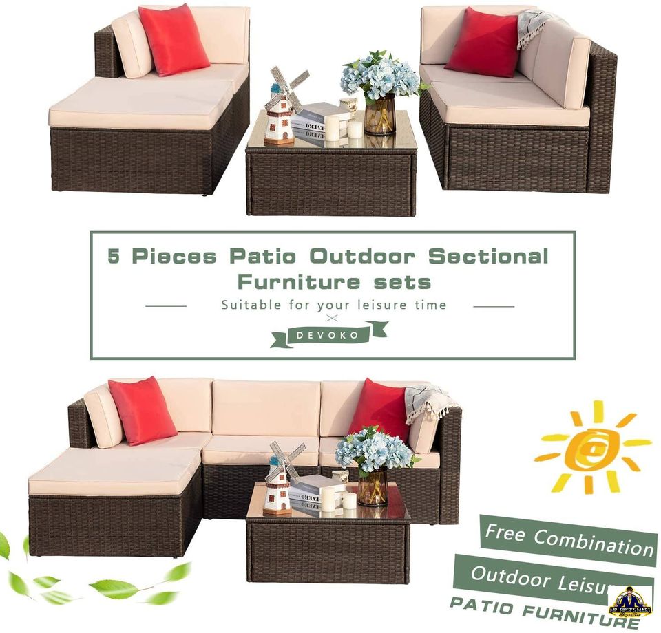 Patio Furniture Conversation Set with Cushion and Glass Table (Beige) 5 Pieces