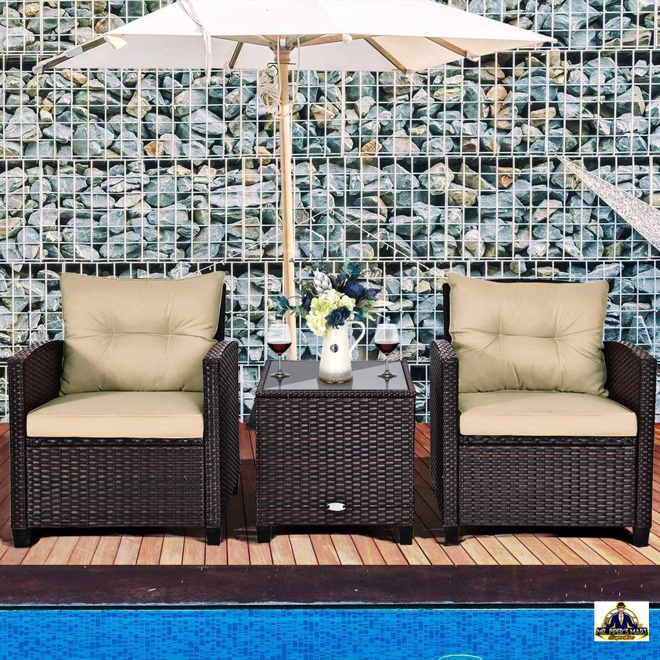 Patio Furniture Sofa Set Washable Cushion and Tempered Glass Tabletop (Beige) 3 Pieces