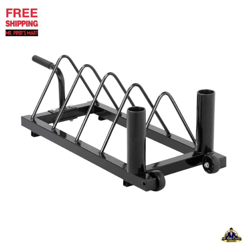 Barbell Bumper Plate Rack Holder Olympic Bar Storage Rack with Handle and Wheels, Black