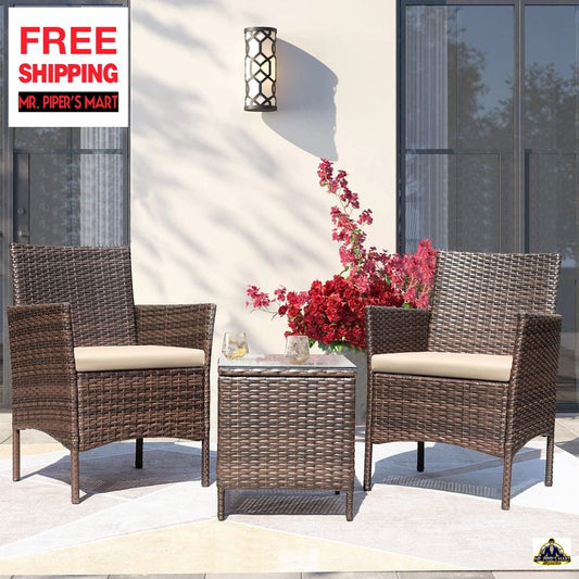 Outdoor Patio Porch Furniture Sets Rattan Wicker Chairs with Table, Brown and Beige 3 Pieces