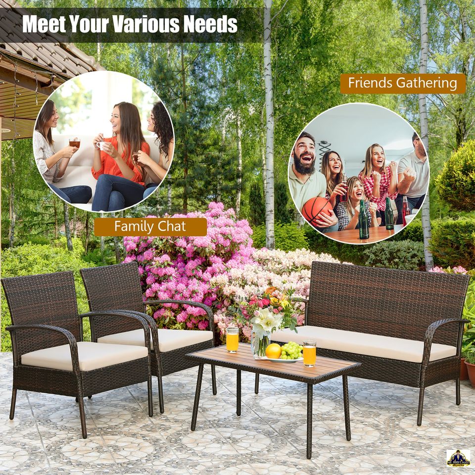 Patio Rattan Furniture Set Outdoor Conversation Set Coffee Table w/Cushions 4PCS