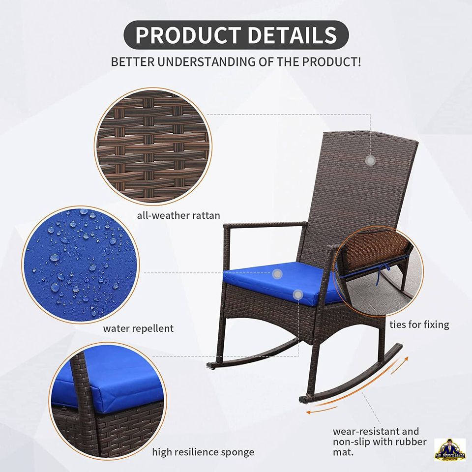 Outdoor PE Wicker Rocking Chair, Washable Lacing Cushion (Royal Blue) 3-Piece