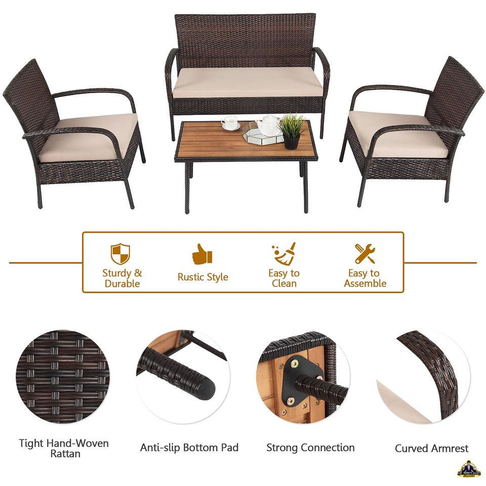 Patio Rattan Furniture Set Outdoor Conversation Set Coffee Table w/Cushions 4PCS