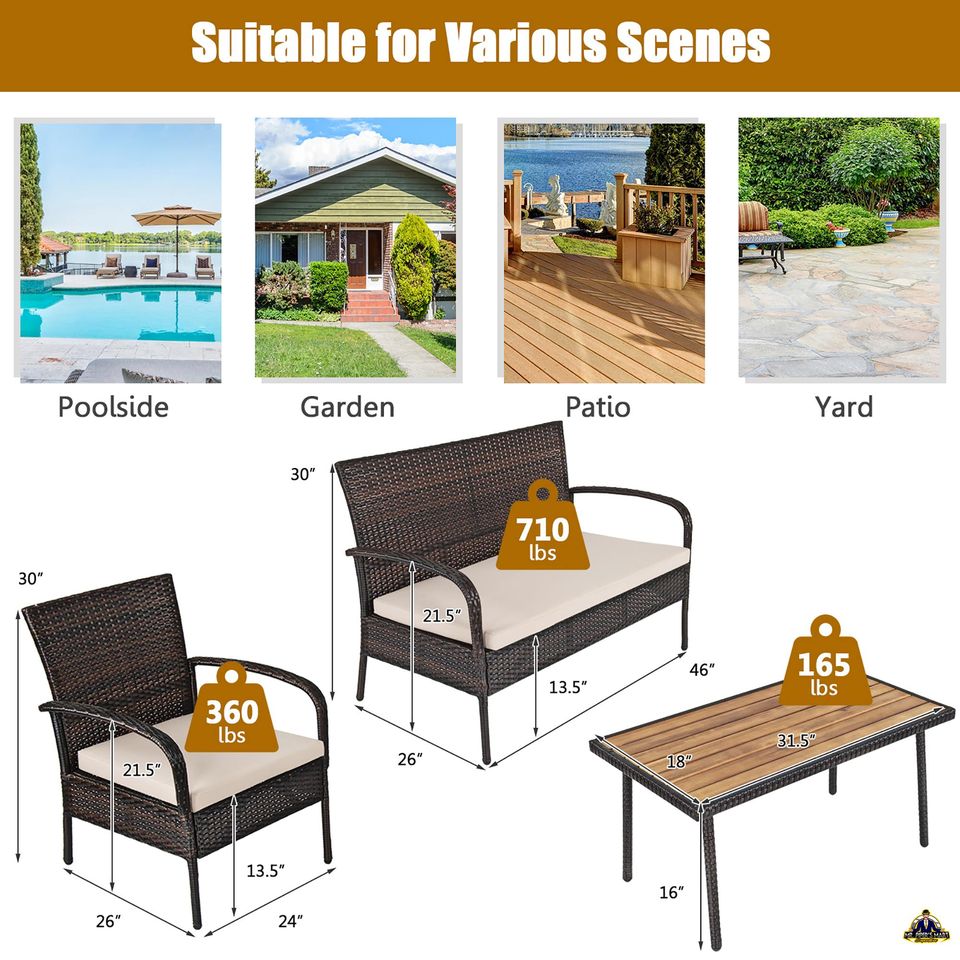 Patio Rattan Furniture Set Outdoor Conversation Set Coffee Table w/Cushions 4PCS