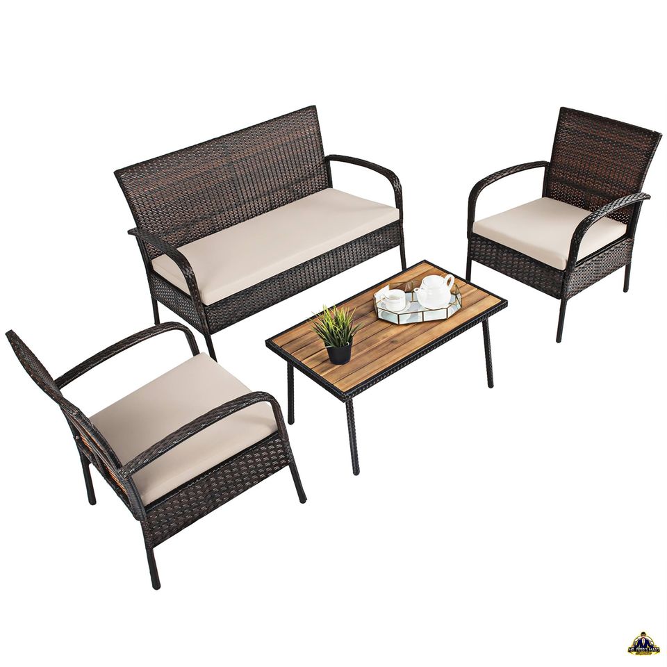 Patio Rattan Furniture Set Outdoor Conversation Set Coffee Table w/Cushions 4PCS