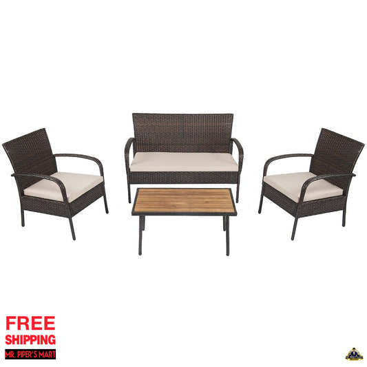 Patio Rattan Furniture Set Outdoor Conversation Set Coffee Table w/Cushions 4PCS