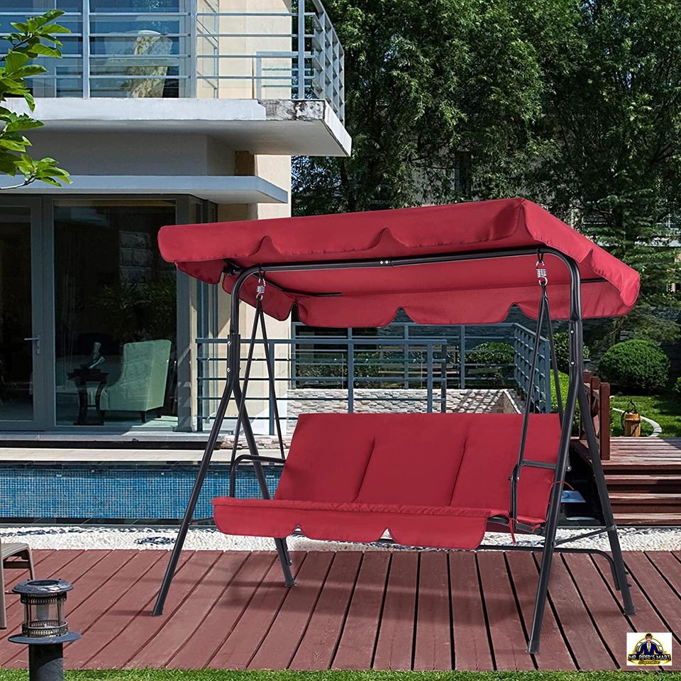Outdoor Swing Convertible Canopy Hanging Glider Lounge Chair, Removable Cushions, (Red) 3-Person