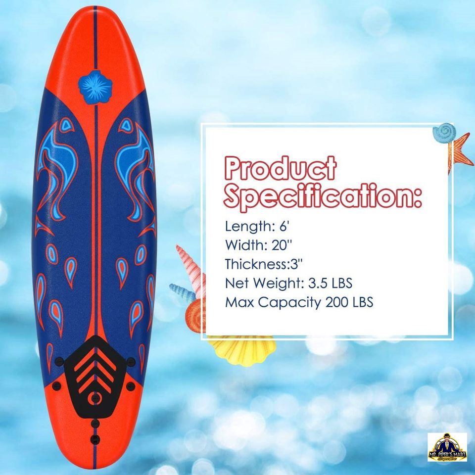 Stand Up Surfing Board w/ 3 Detachable Fins, Safety Leash, Non-Slip Lightweight Surfboard 6 Ft