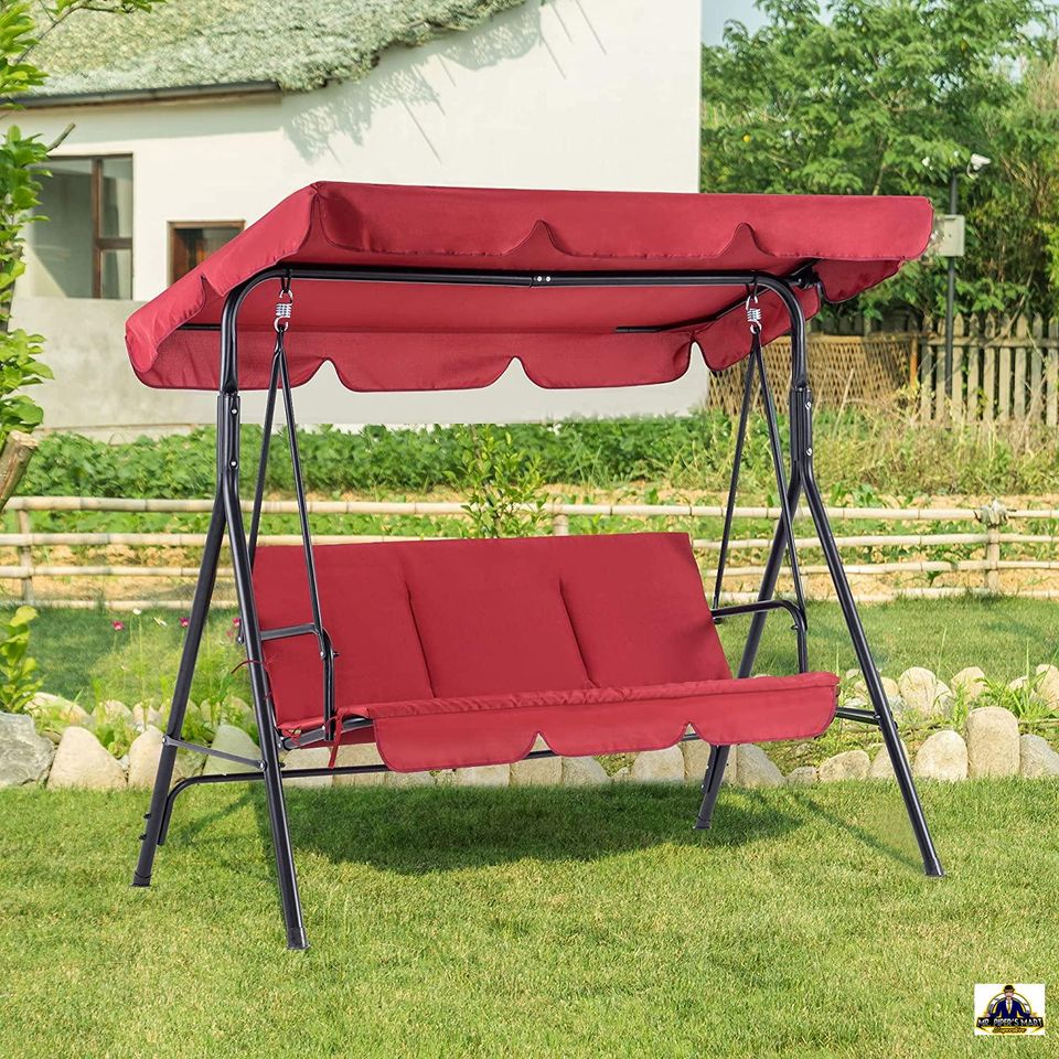 Outdoor Swing Convertible Canopy Hanging Glider Lounge Chair, Removable Cushions, (Red) 3-Person