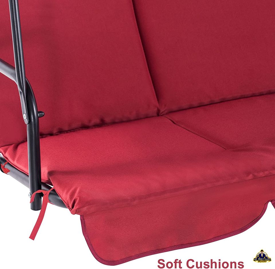 Outdoor Swing Convertible Canopy Hanging Glider Lounge Chair, Removable Cushions, (Red) 3-Person
