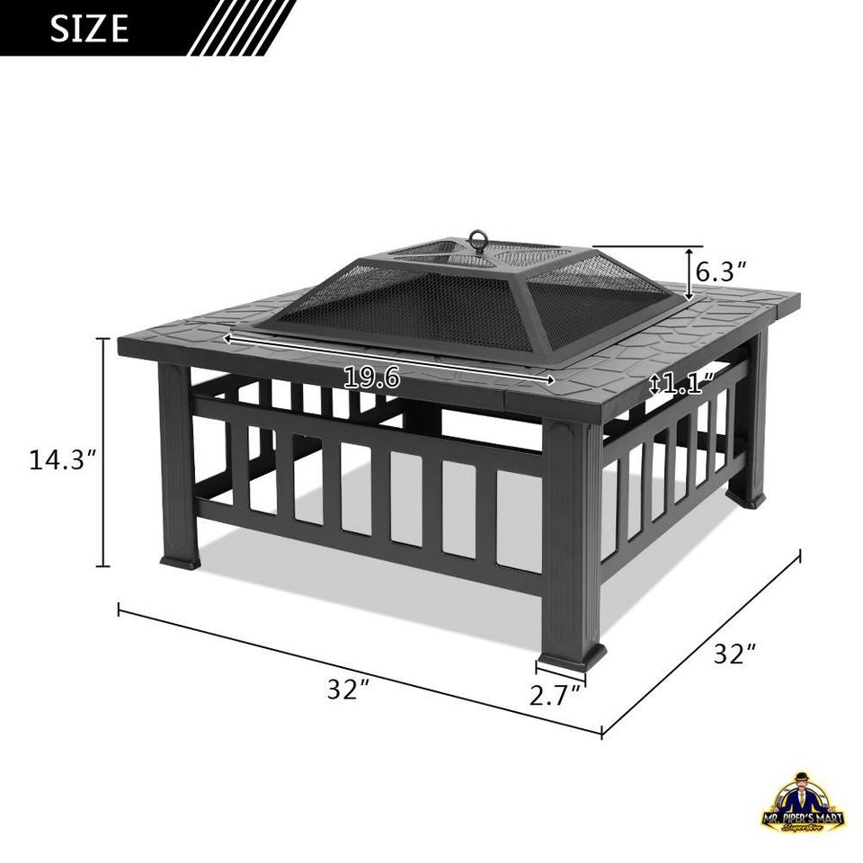 Outdoor Metal Firepit Backyard Patio Garden Square Stove Fire Pit 32"