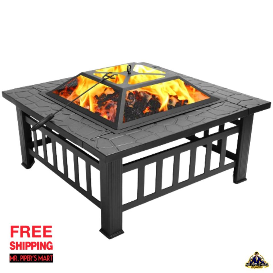Outdoor Metal Firepit Backyard Patio Garden Square Stove Fire Pit 32"
