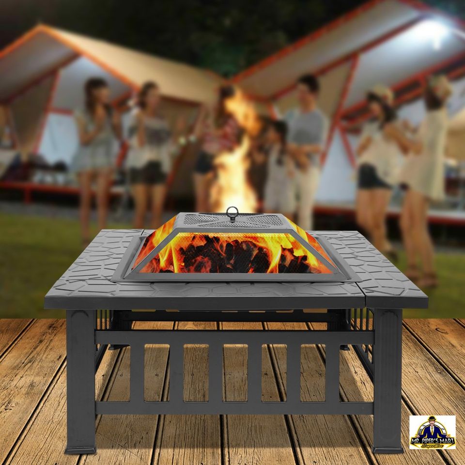 Outdoor Metal Firepit Backyard Patio Garden Square Stove Fire Pit 32"