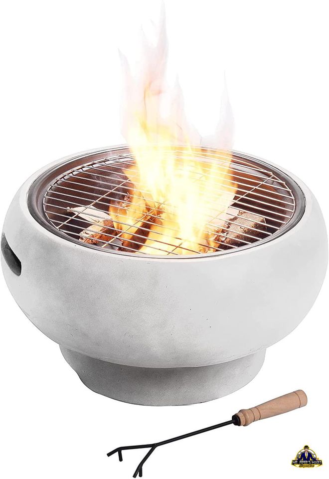 Fire Pit Round Charcoal Wood Burning Outdoor Patio Garden Fireplace BBQ Grill (Light Gray)