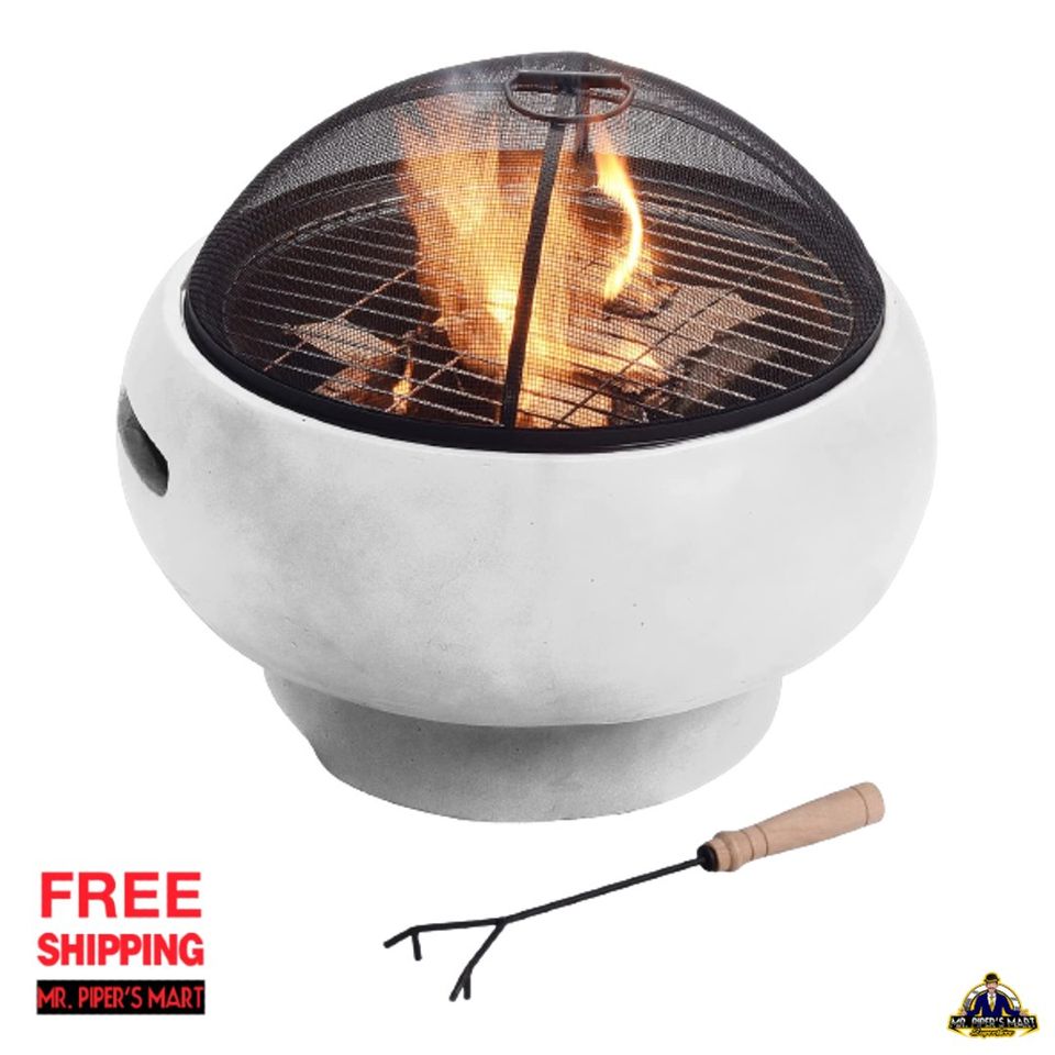 Fire Pit Round Charcoal Wood Burning Outdoor Patio Garden Fireplace BBQ Grill (Light Gray)