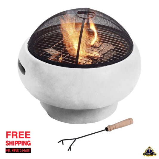 Fire Pit Round Charcoal Wood Burning Outdoor Patio Garden Fireplace BBQ Grill (Light Gray)