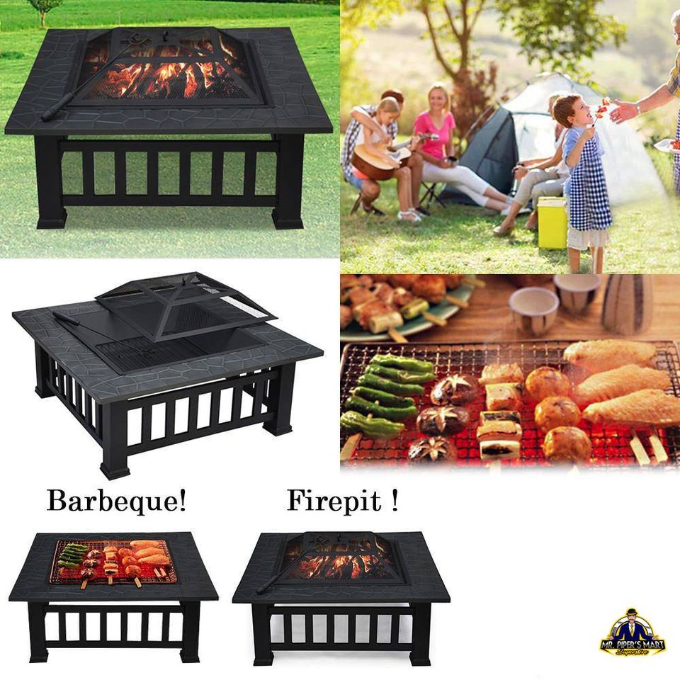 Outdoor Metal Firepit Backyard Patio Garden Square Stove Fire Pit 32"
