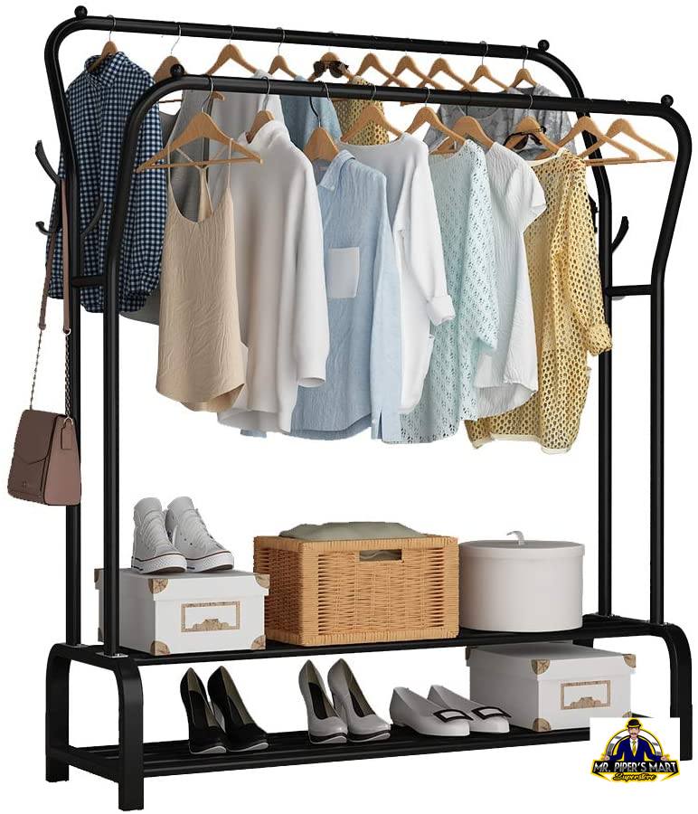 Garment Rack Freestanding Hanger Double Rods 4 Hooks, Black