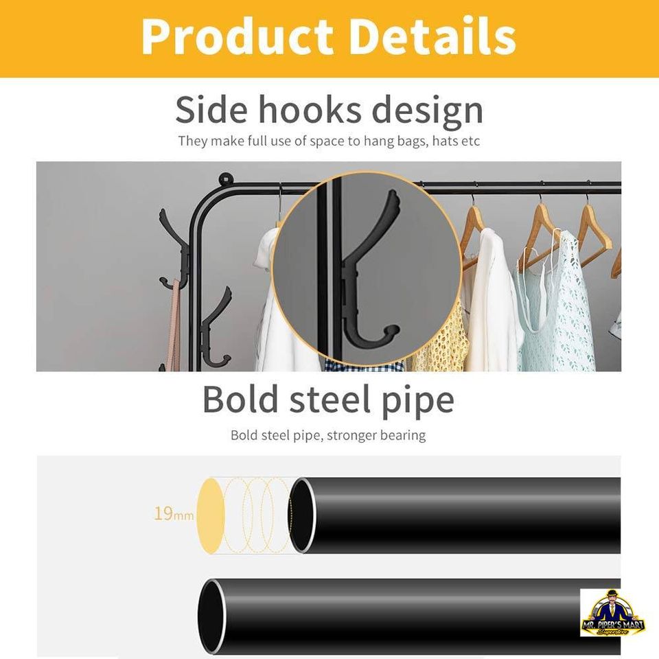 Garment Rack Freestanding Hanger Double Rods 4 Hooks, Black