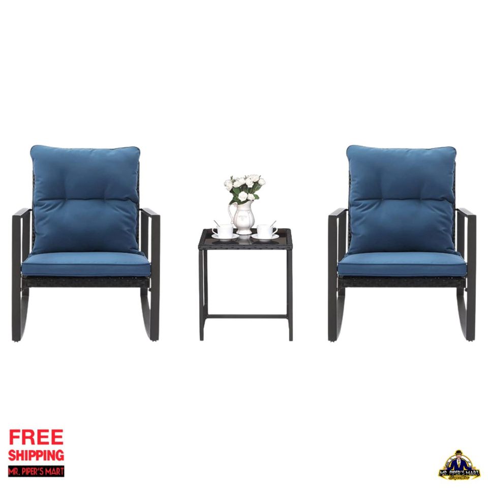 Patio Rocking Chairs Outdoor Porch Furniture w Blue Cushions 3 Piece