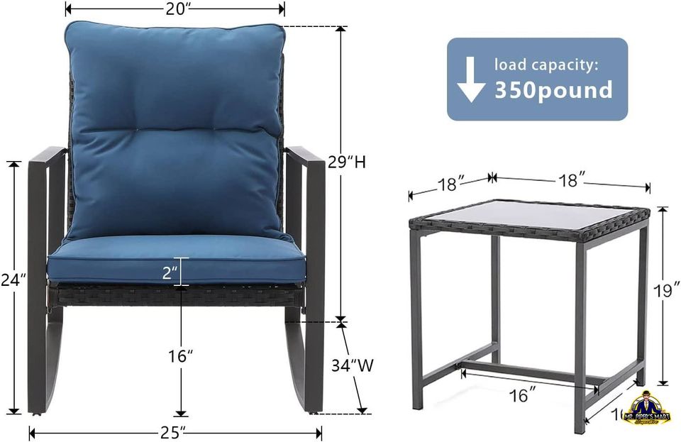 Patio Rocking Chairs Outdoor Porch Furniture w Blue Cushions 3 Piece