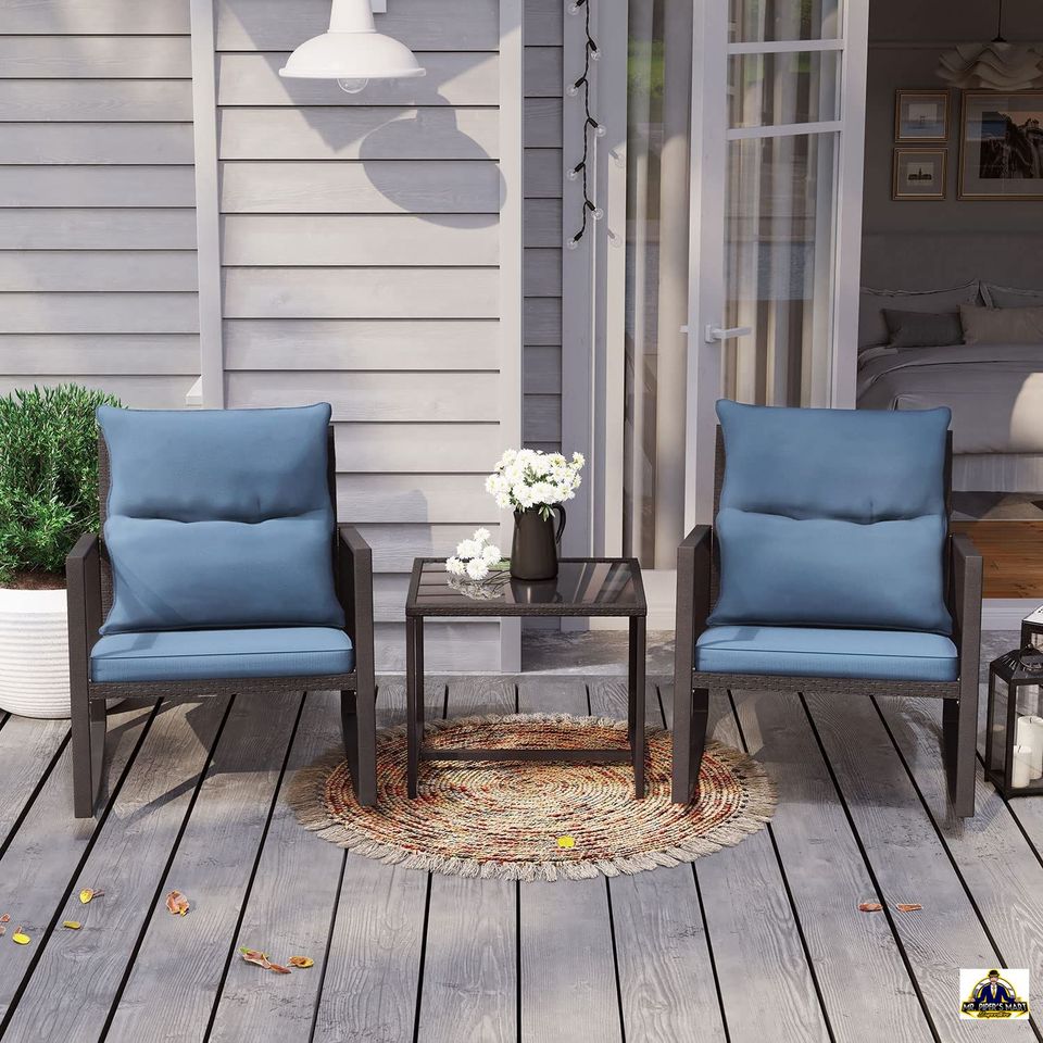 Patio Rocking Chairs Outdoor Porch Furniture w Blue Cushions 3 Piece