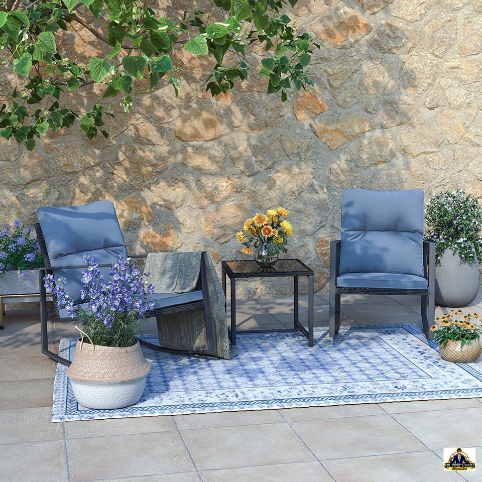 Patio Rocking Chairs Outdoor Porch Furniture w Blue Cushions 3 Piece